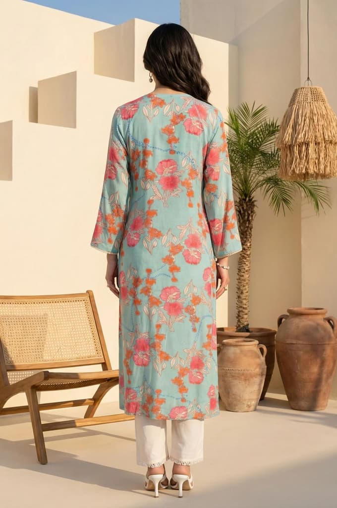 Turquoise Blue Floral Printed Lace Rayon Straight Kurta — photo 4