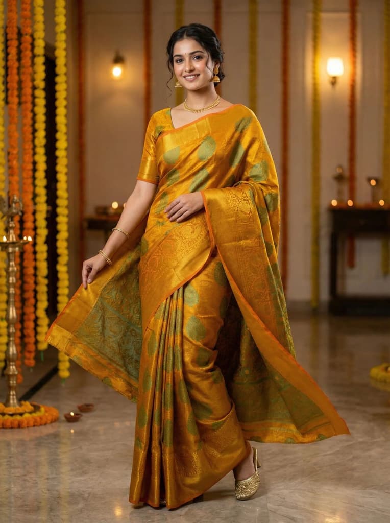 MIMOSA Women's Woven Design Kanjivaram Style Art Silk Saree with Blouse Piece - Mustard ( SA00003145MSFREE ) — photo 2
