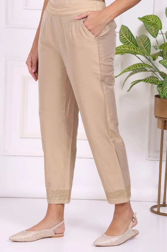 Beige Solid Embroidered Mid Rise Ankle Length Straight Pants — photo 2