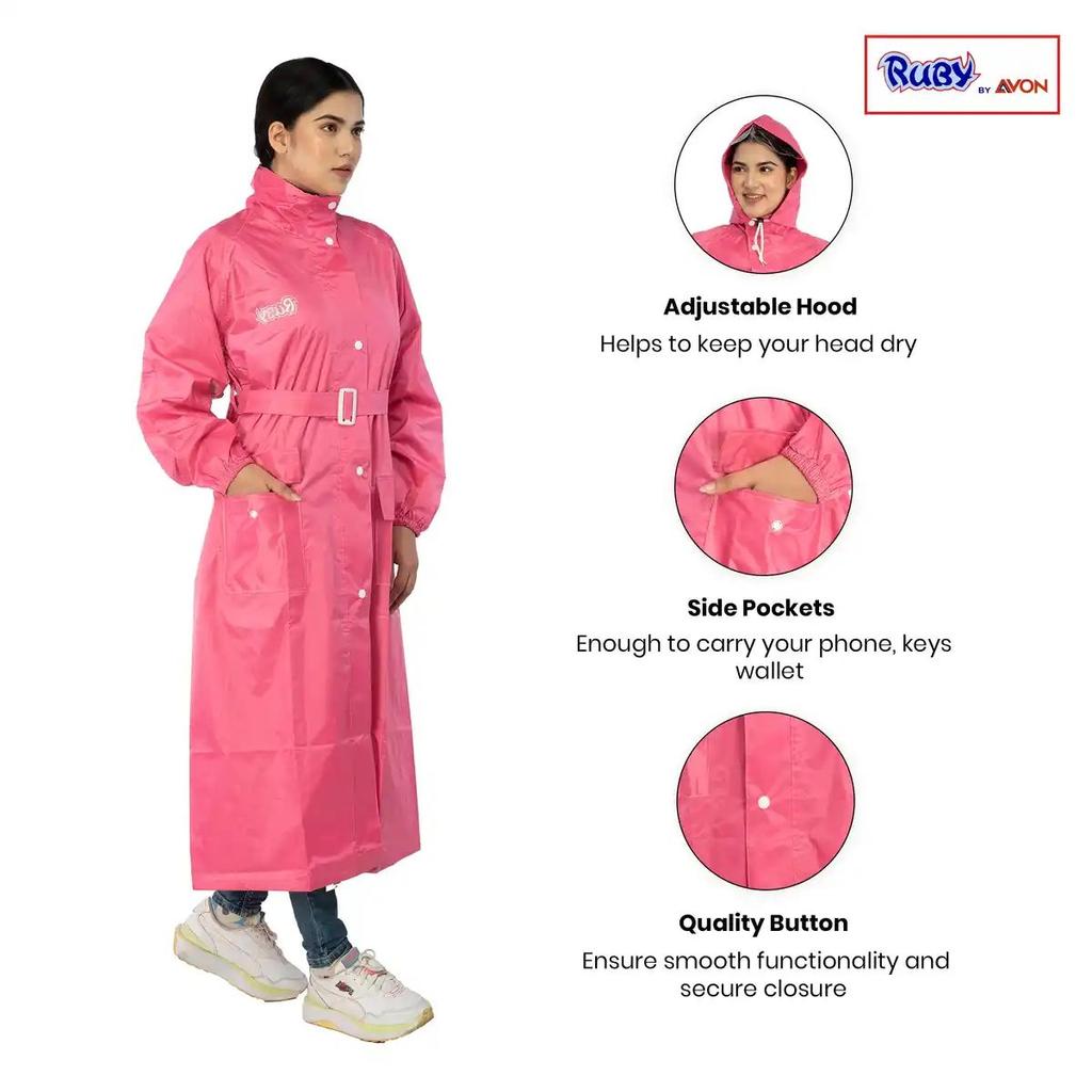 Fendo Ruby Women's Full-Length Waterproof Raincoat with Belt | Princess (Dark Pink) | XL — photo 2