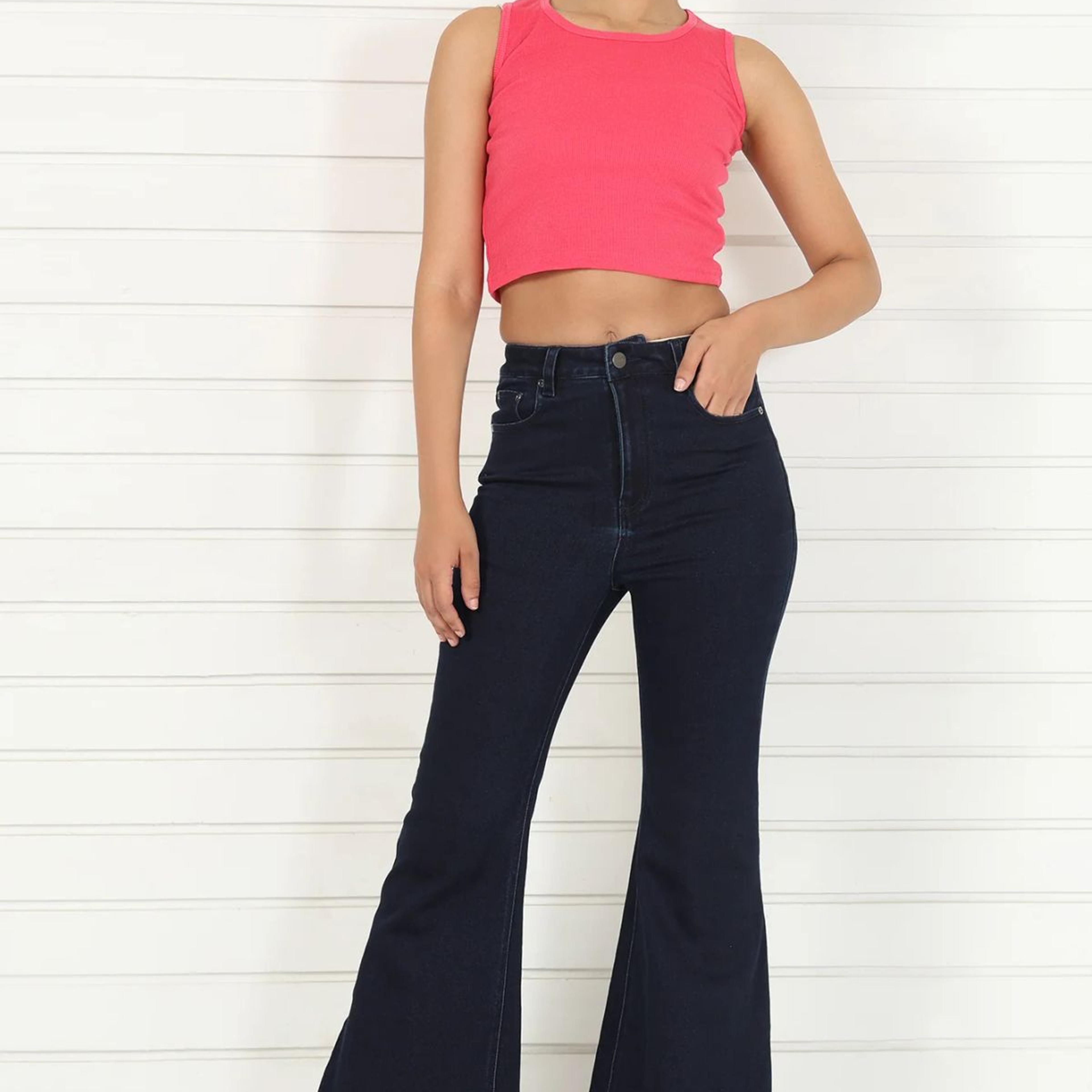 Blue Denim Lycra Mid Rise Ankle Length Flared Pants with YKK Zipper