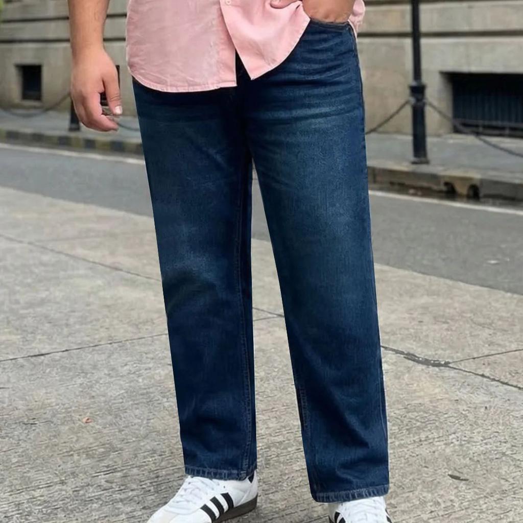 Plus Men's Blue Relaxed Fit Washed Denim Jeans Non-Stretchable