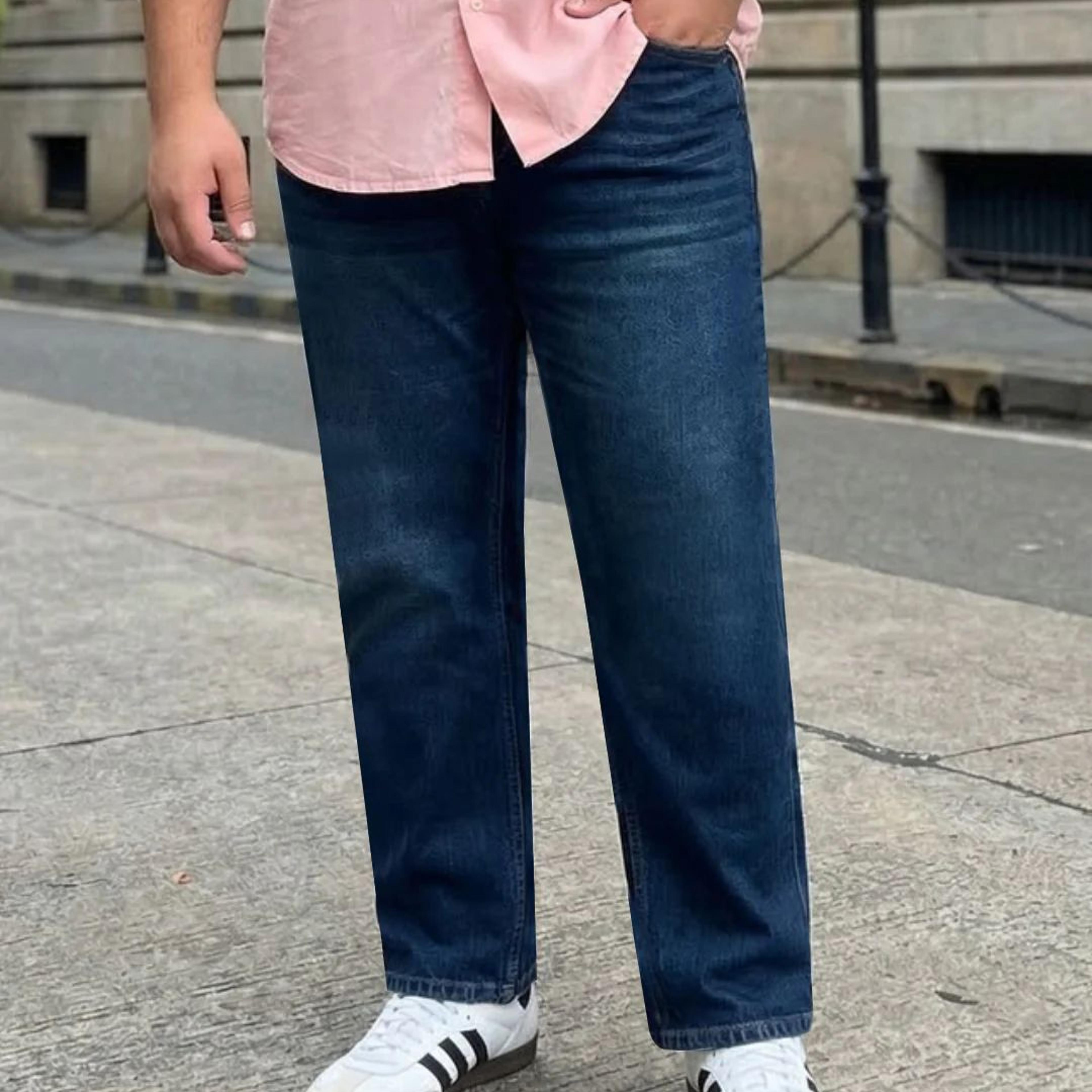 Plus Men's Blue Relaxed Fit Washed Denim Jeans Non-Stretchable