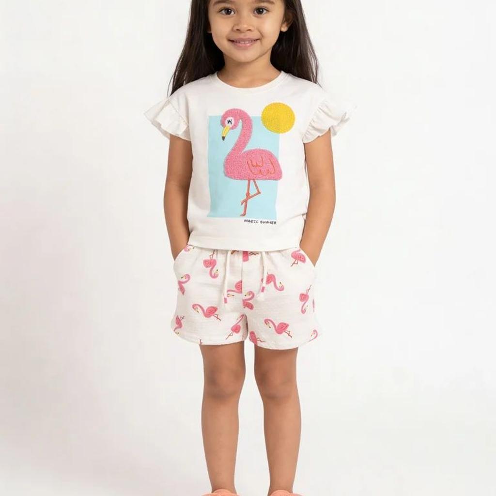 HOP Kids Girls Off-White Printed Cotton Top and Shorts Set
