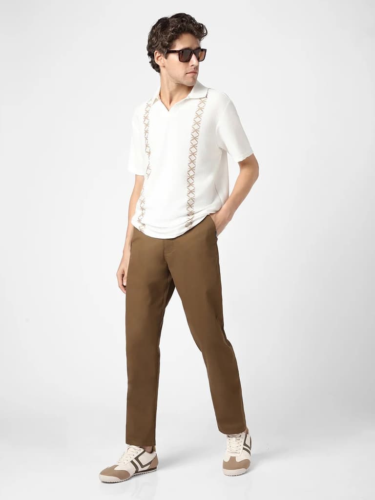 Men's Brown Cotton Regular Fit Casual Chinos Trousers Stretch — photo 4