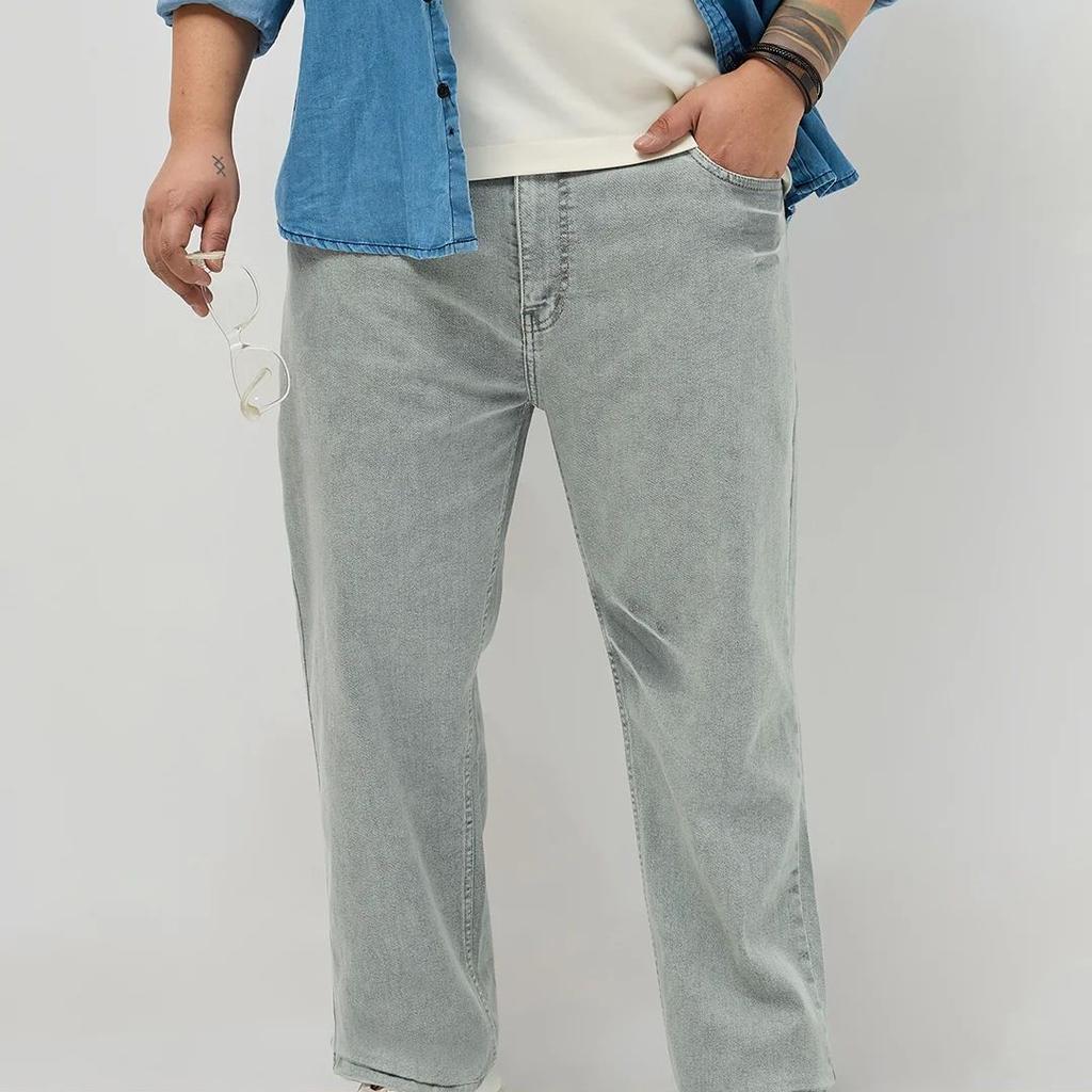 Plus Men's Ice Grey Regular Fit Acid Washed Denim Jeans Stretchable