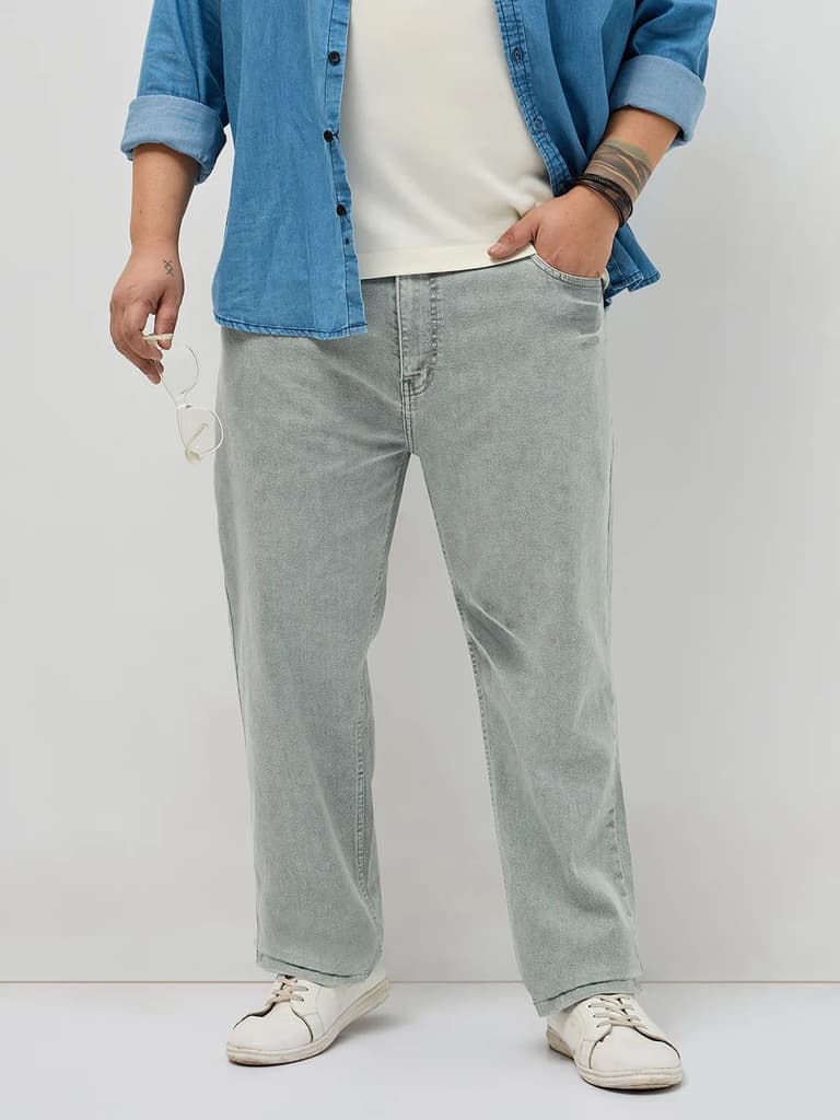 Plus Men's Ice Grey Regular Fit Acid Washed Denim Jeans Stretchable — 36 / Ice Grey