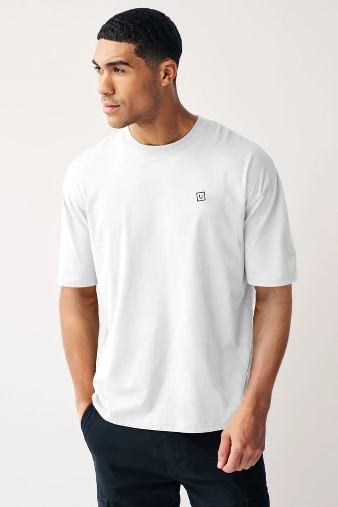 Men's White Solid Round Neck Oversized Half Sleeve Cotton T-Shirt — S / Dark Blue