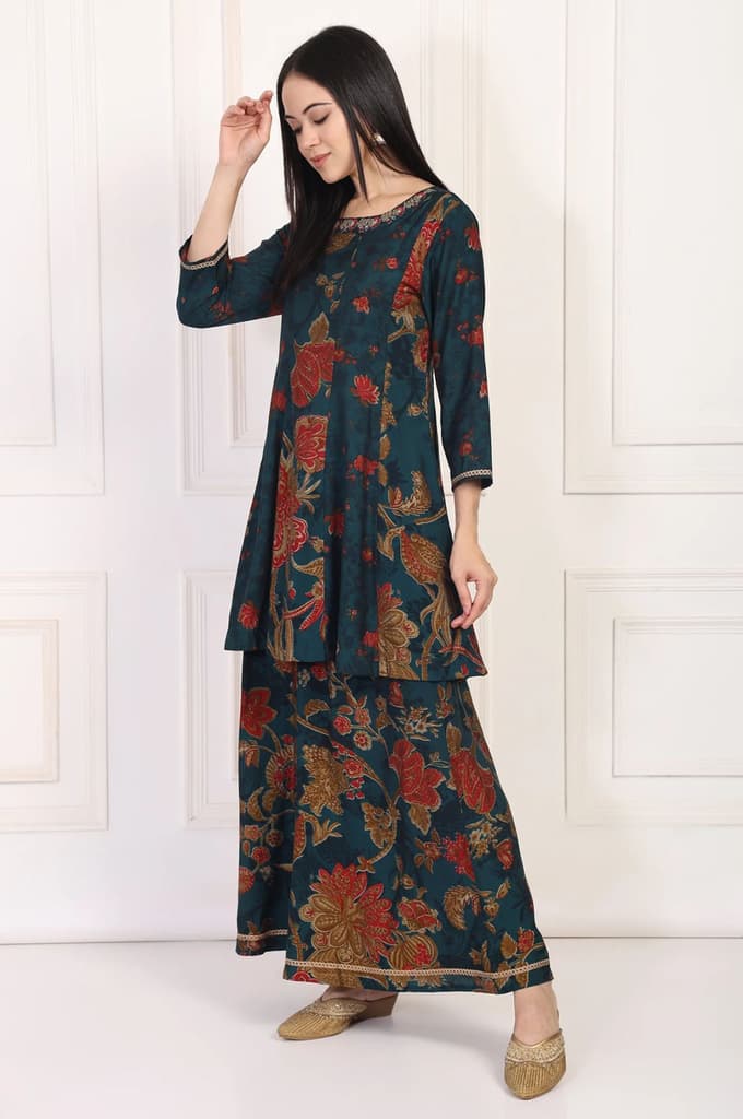 Teal Floral Printed Embellished A-Line Kurta with Flared Pant and Dupatta Set — photo 4
