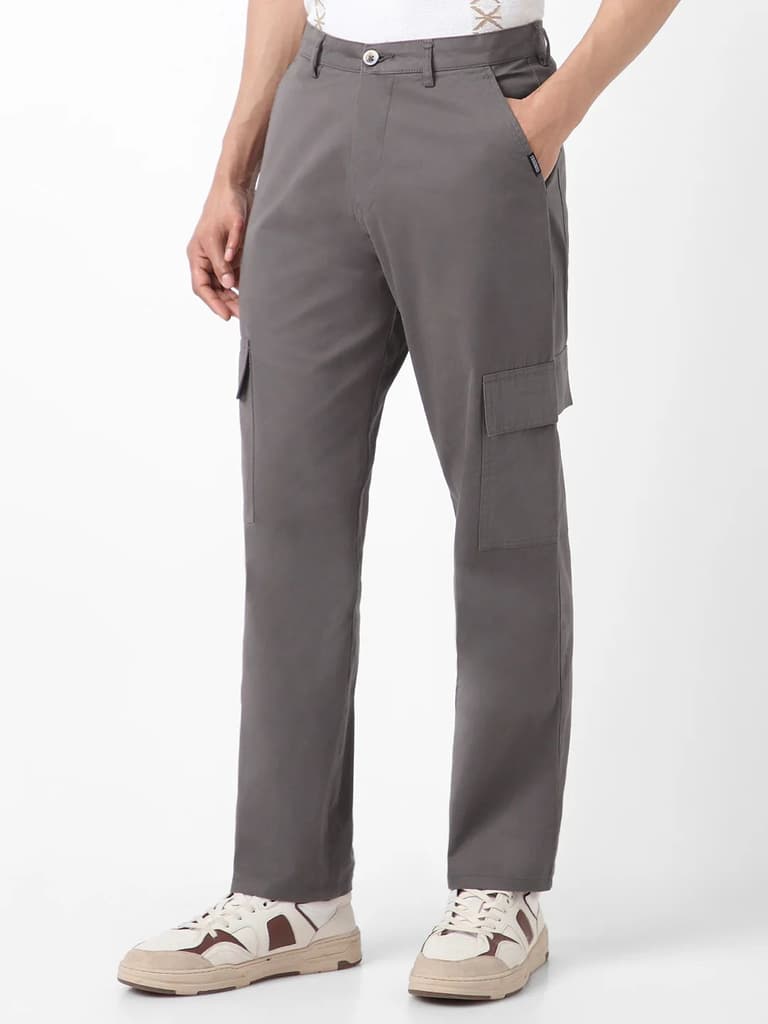Men's Dark Grey Regular Fit Solid Cargo Chino Pant with 6 Pockets Stretchable — photo 2