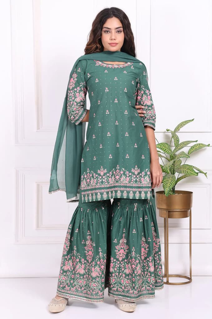Green Floral Printed Embroidered Straight Cotton Kurta with Sharara and Dupatta Set — photo 2
