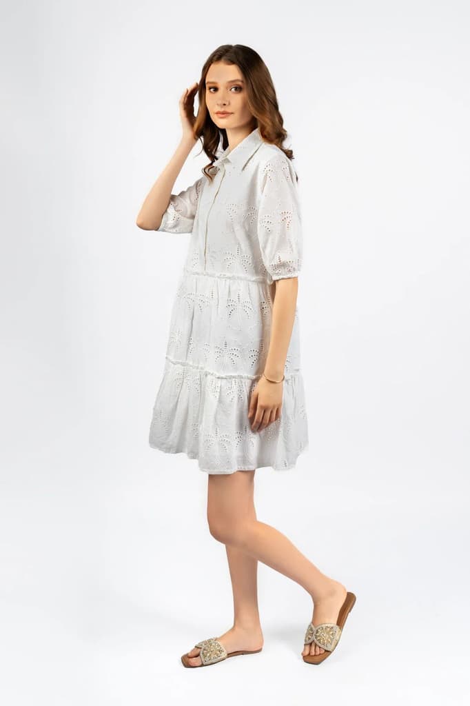 White Cotton Schiffly Fit & Flare Dress — photo 3