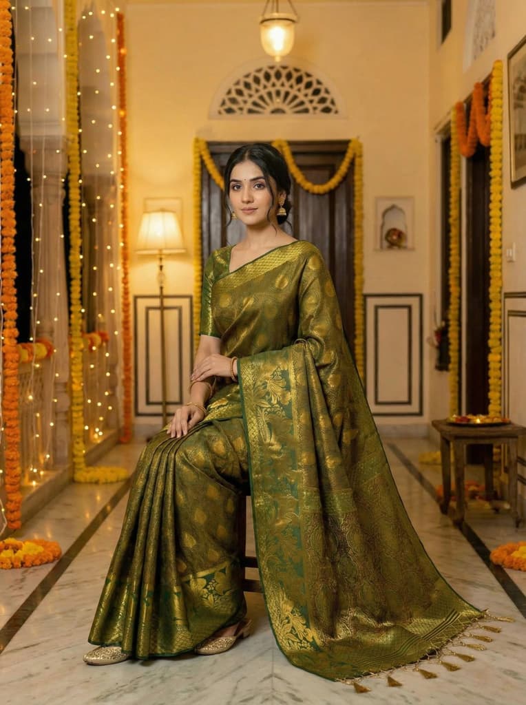MIMOSA Women's Woven Design Kanjivaram Style Art Silk Saree with Blouse Piece - Green ( SA00003143GRNFREE ) — photo 4