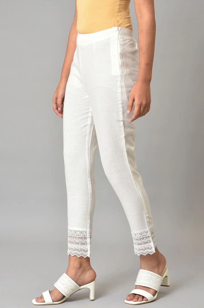 White Solid Cotton Flax Slim Pant with Embellished Hemline — photo 3