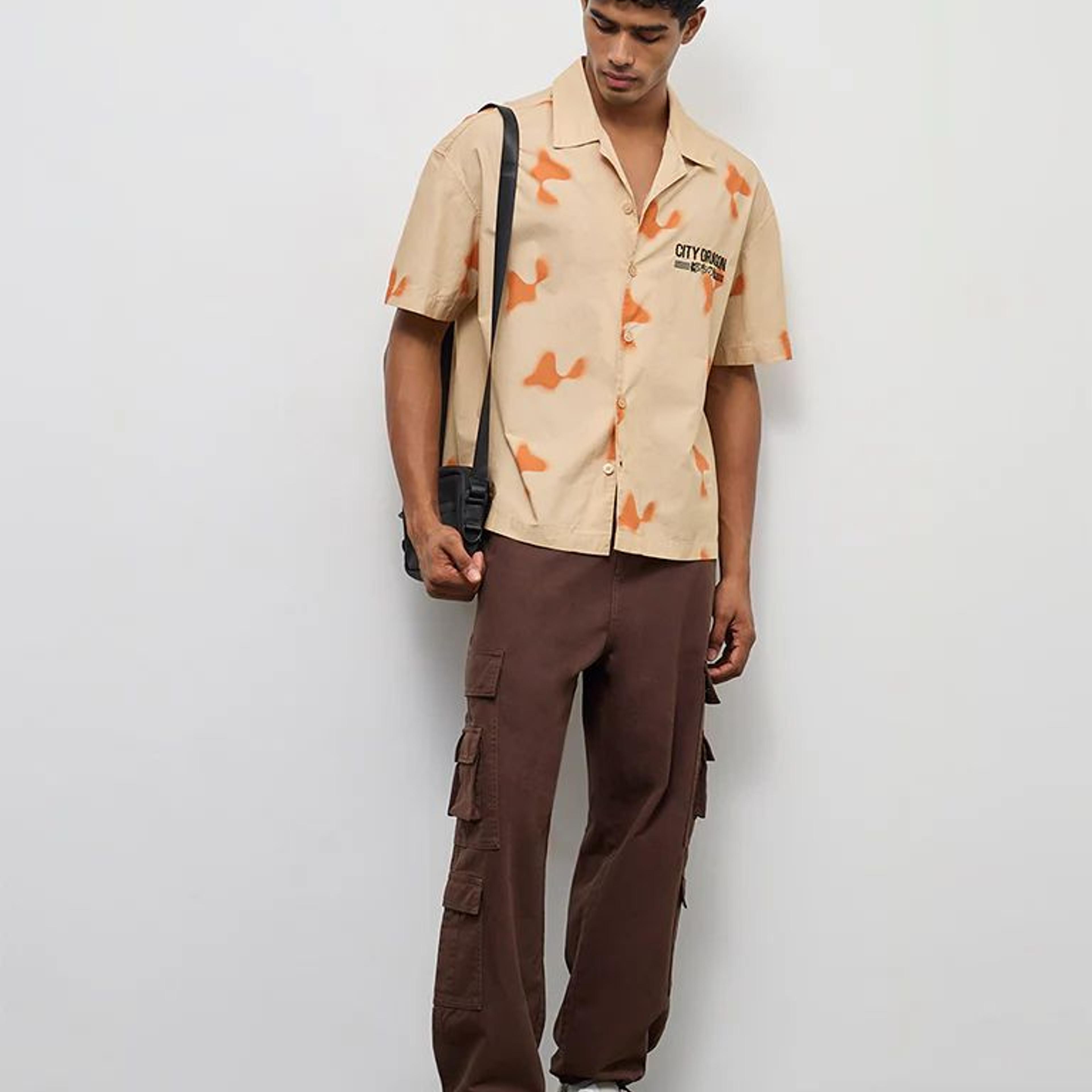 Nuon Beige Abstract Printed Relaxed-Fit Cotton Shirt