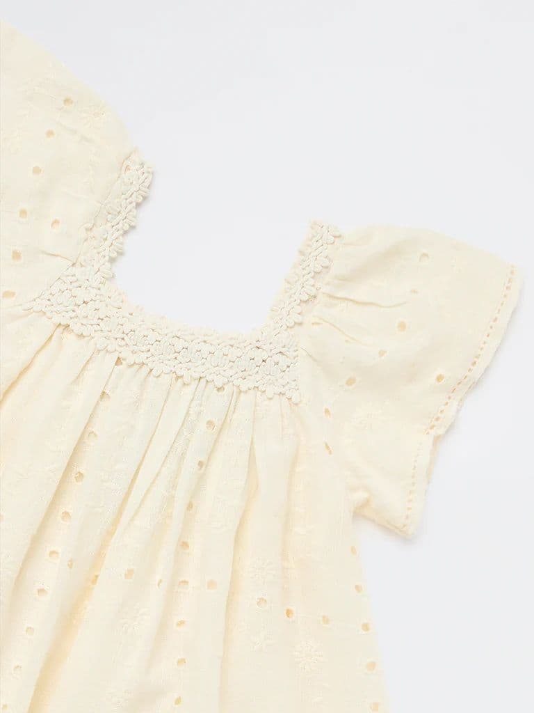 HOP Kids Girls Light Yellow Schiffli Design A-Line Dress — photo 4