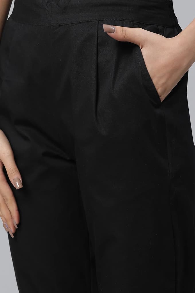 Black Solid Straight Fit Cotton Pants With Elasticated Waist — photo 6
