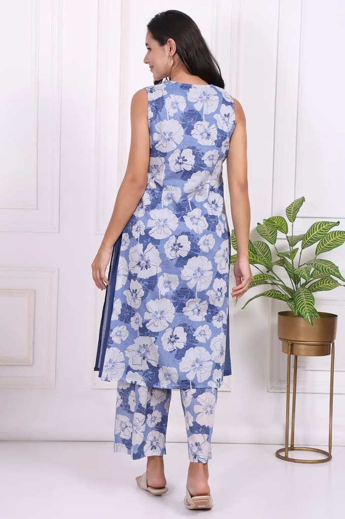 Blue Floral Printed Pure Cotton Straight Kurta and Flared Pants Co-ord Set — photo 5