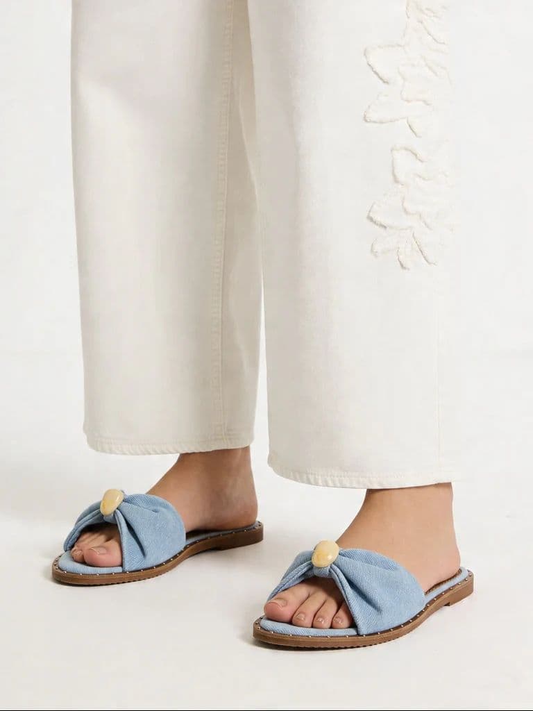 LUNA BLU Blue Denim Bow Detailed Flat Sandals