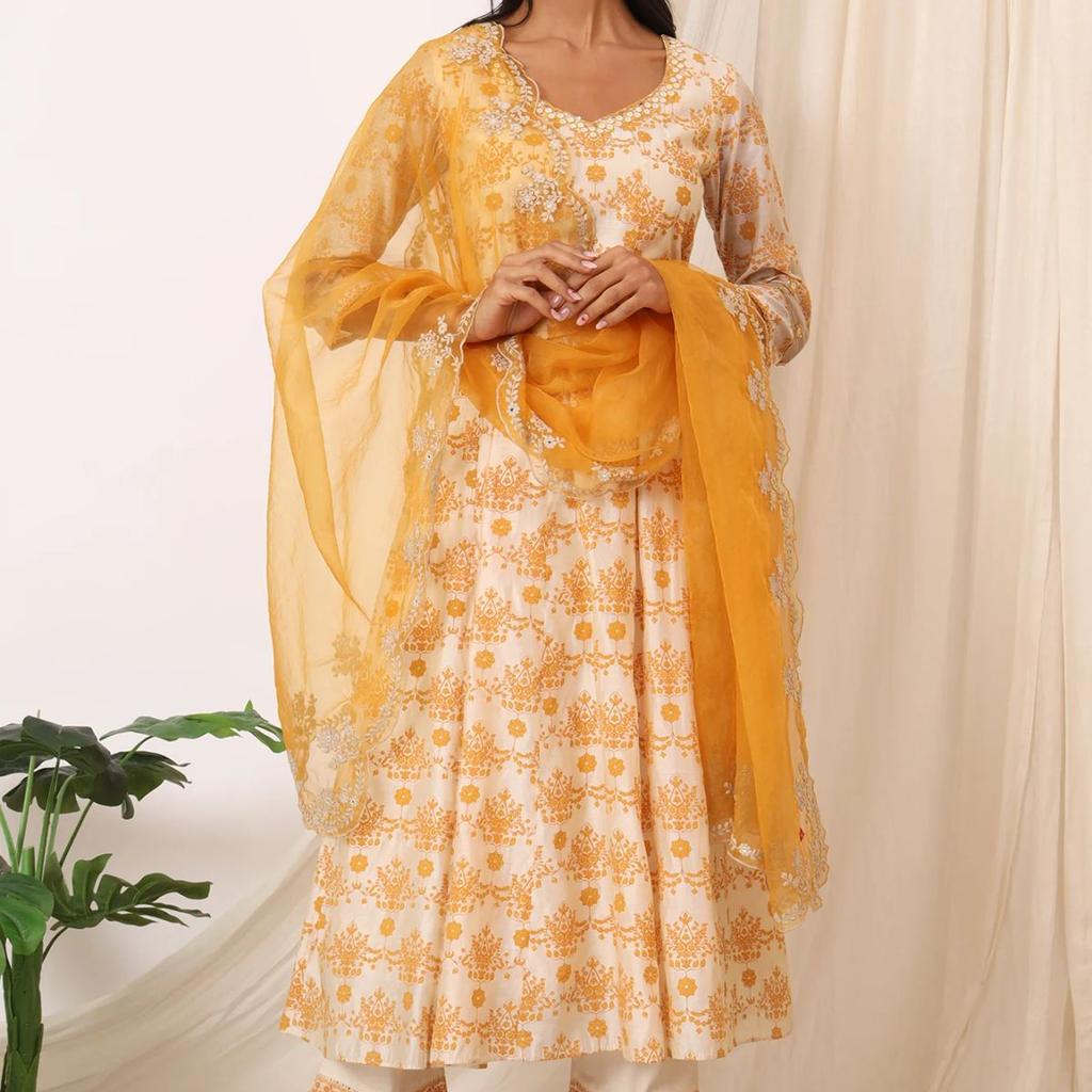 Cream and Yellow Printed Chanderi Anarkali Kurta, Pants and Dupatta Set