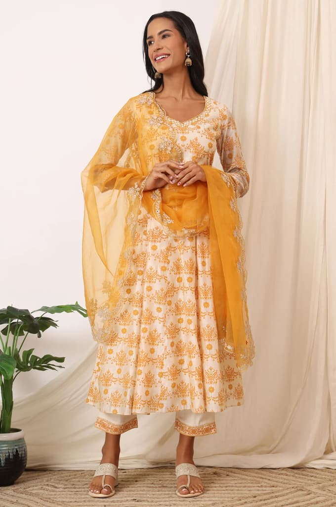 Cream and Yellow Printed Chanderi Anarkali Kurta, Pants and Dupatta Set — XS