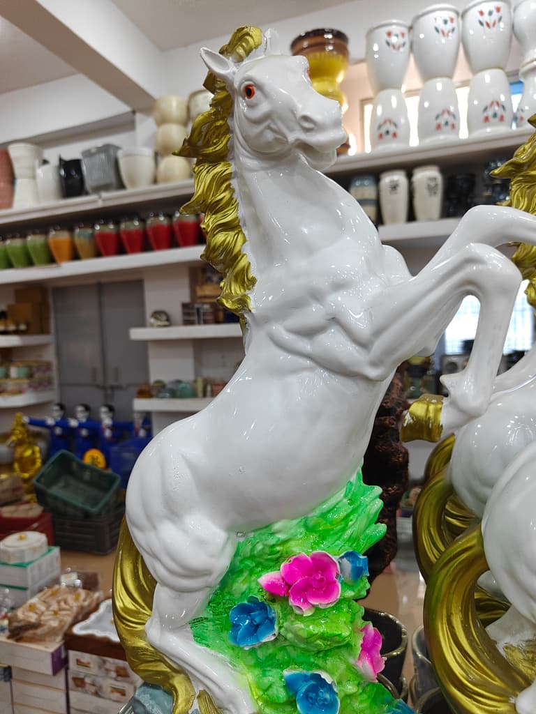 White Horse Statue | Ceramic | Gold Trim | Decorative