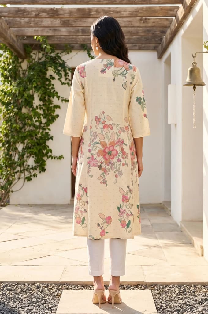Beige Floral Printed Pure Cotton Straight Kurta — photo 5