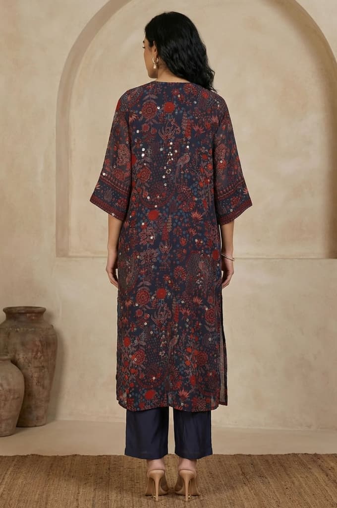 Navy Blue Floral Printed Georgette Straight Kurta with Parallel Pant Set — photo 4