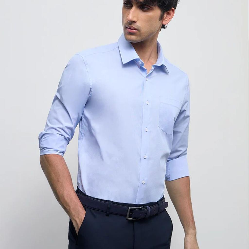 WES Formals Blue Solid Slim-Fit Cotton Shirt