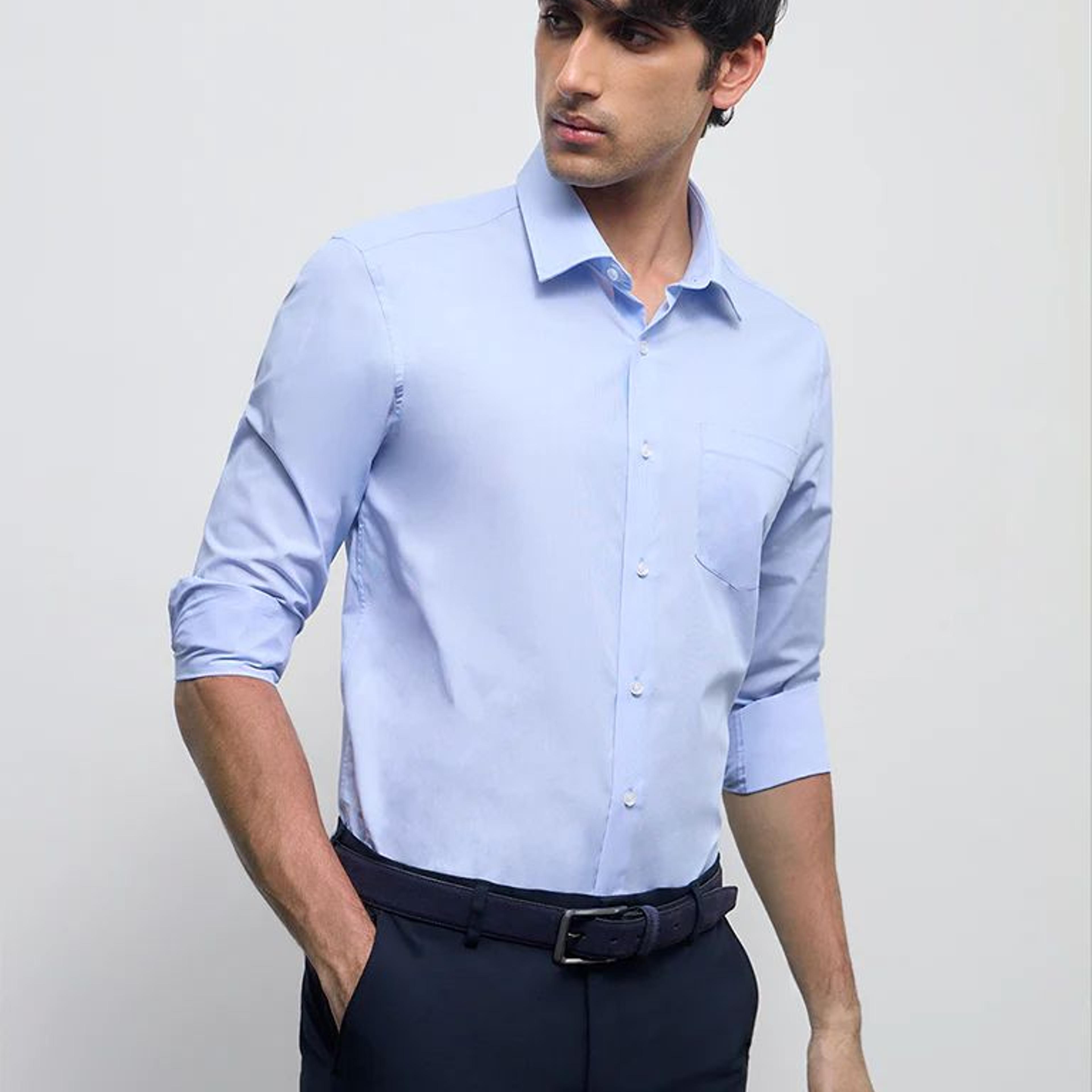 WES Formals Blue Solid Slim-Fit Cotton Shirt