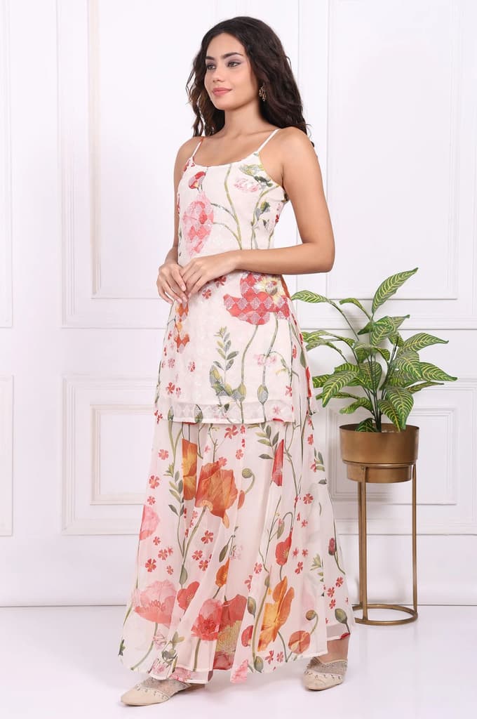 White Floral Printed A-Line Crepe Kurta with Culotte and Dupatta Set — photo 4