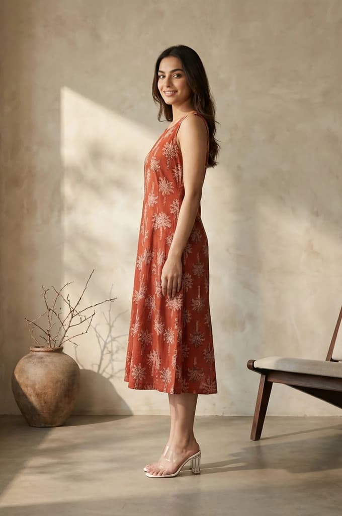 Red Floral Printed Pure Cotton A-line Dress — photo 5