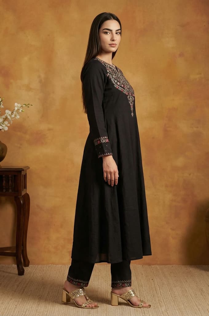 Black Solid Rayon Blend Straight Kurta with Straight Pant and Shawl Set — photo 3
