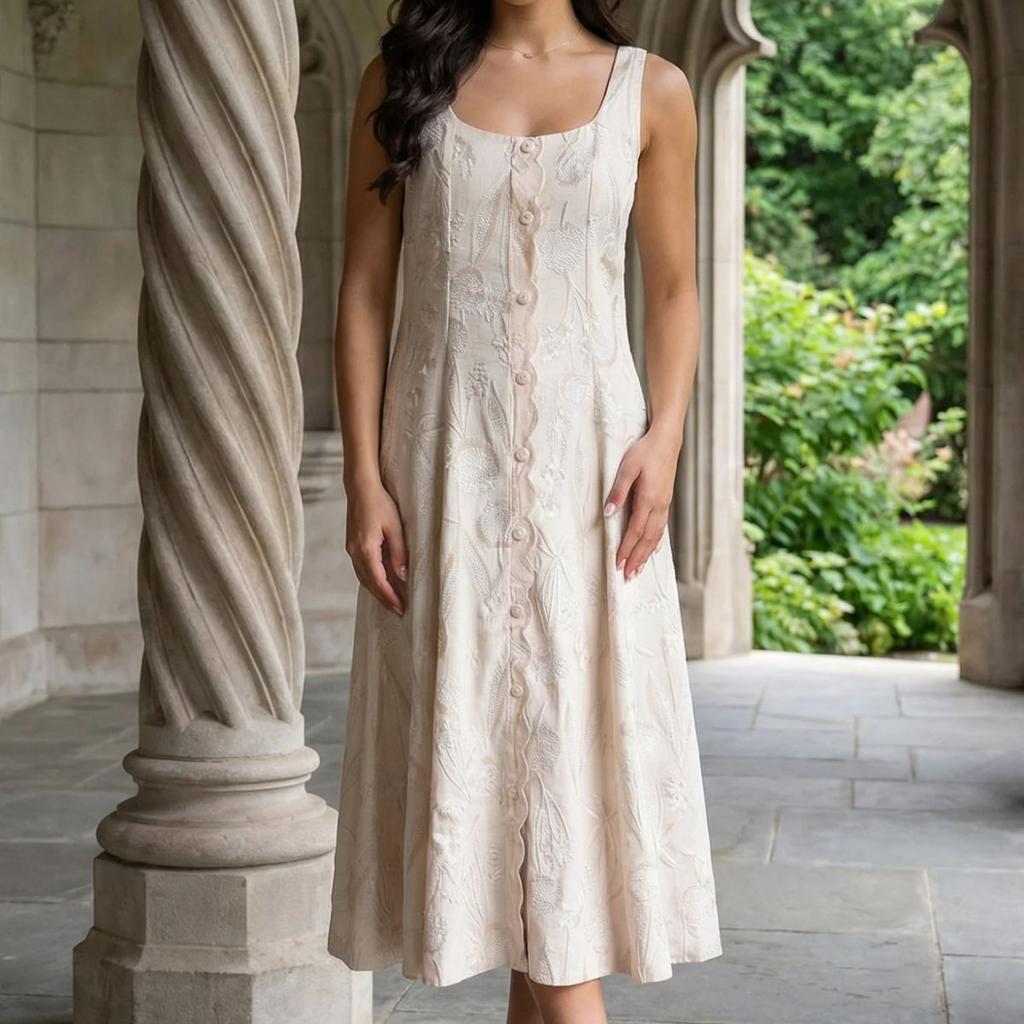 Beige Textured Cotton Blend Embroidered A-line Western Dress