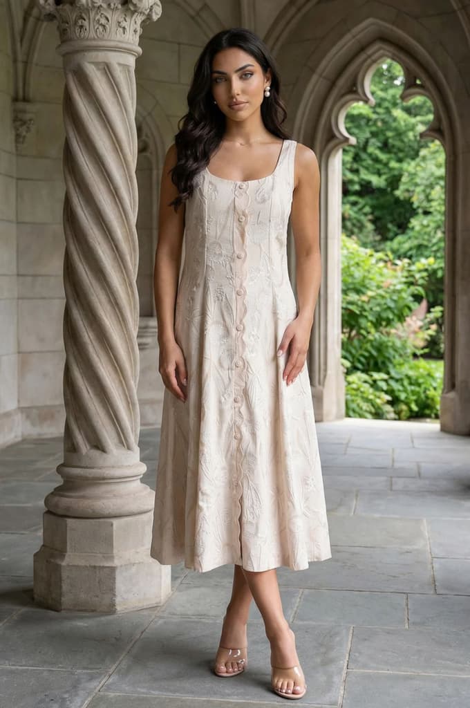 Beige Textured Cotton Blend Embroidered A-line Western Dress — XS