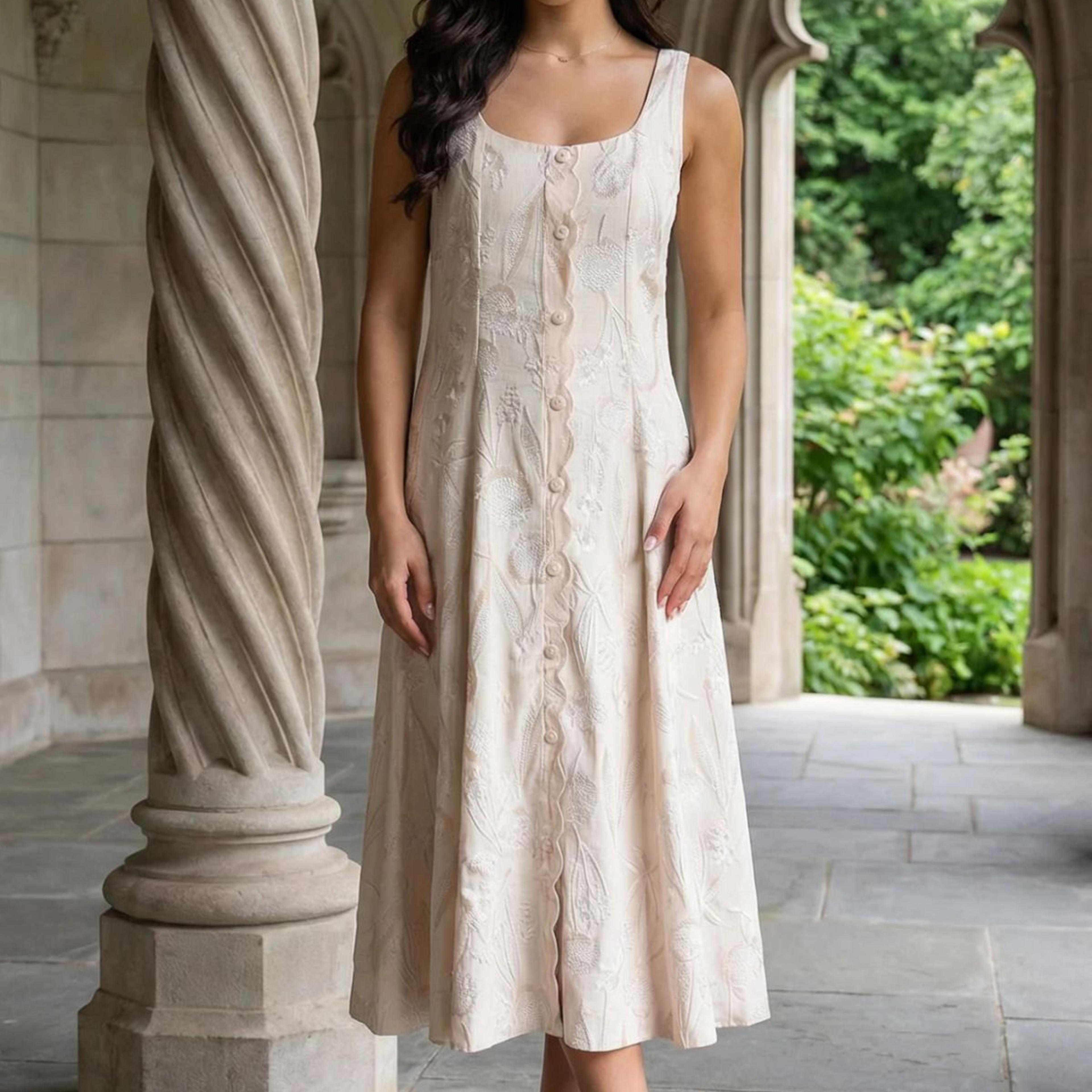 Beige Textured Cotton Blend Embroidered A-line Western Dress