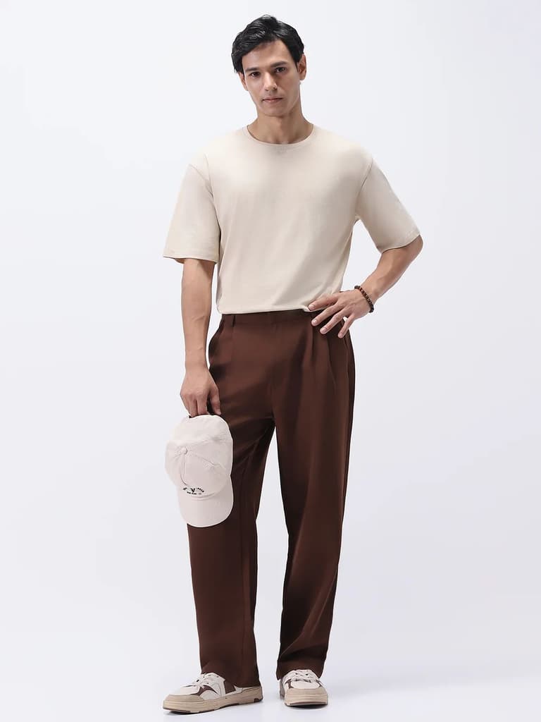 Men's Brown Loose Baggy Fit Solid Korean Pants Stretchable — photo 4