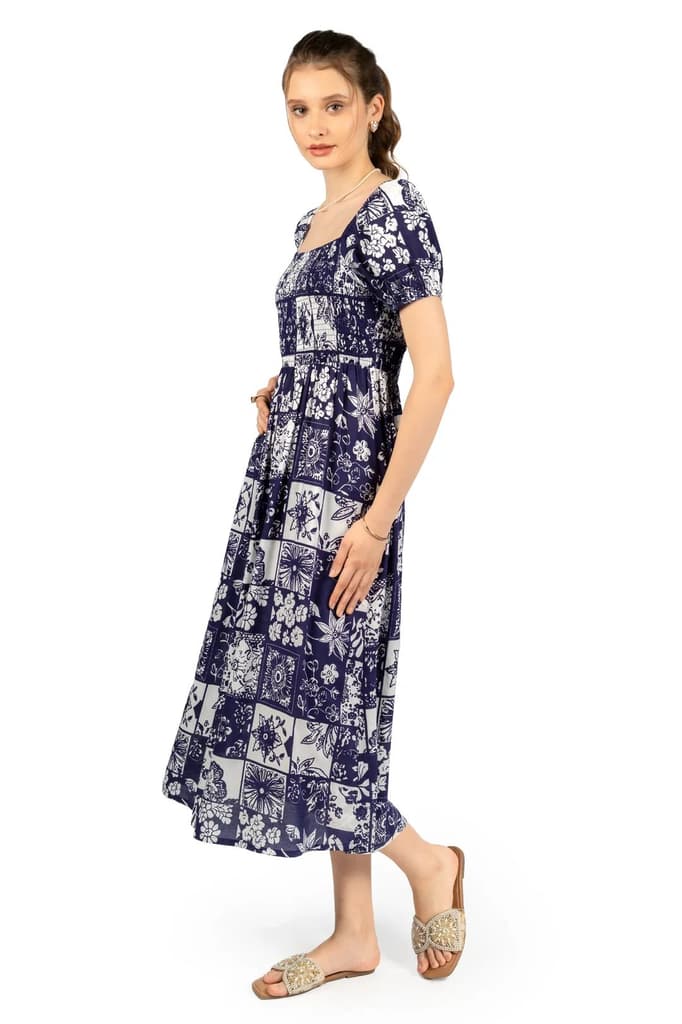 Blue & White Floral Rayon Fit & Flare Midi Dress — photo 3