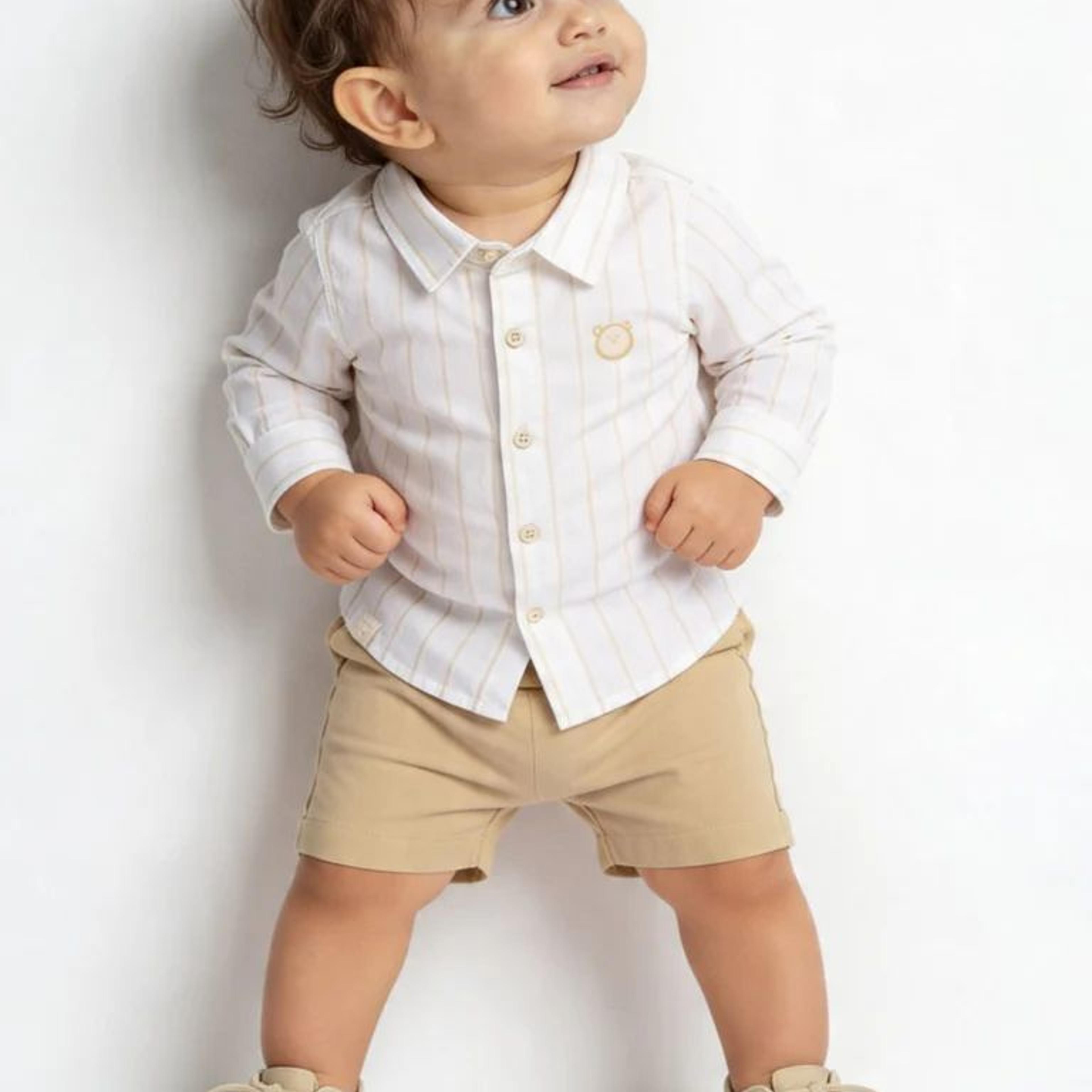 HOP Baby Boys White Cotton-Blend Shirt and Shorts Set