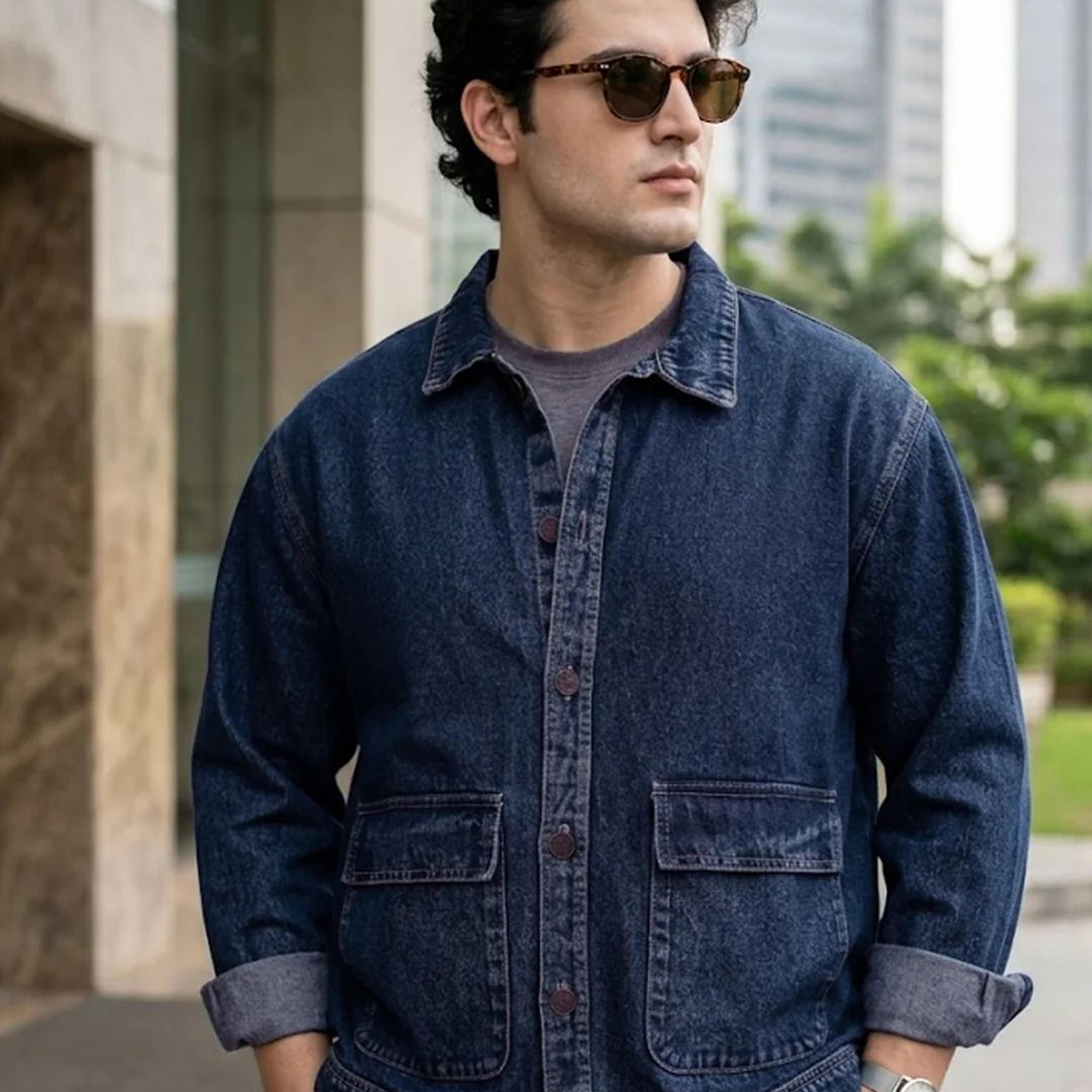 Plus Men's Blue Relaxed Fit Full Sleeve Utility Denim Jacket