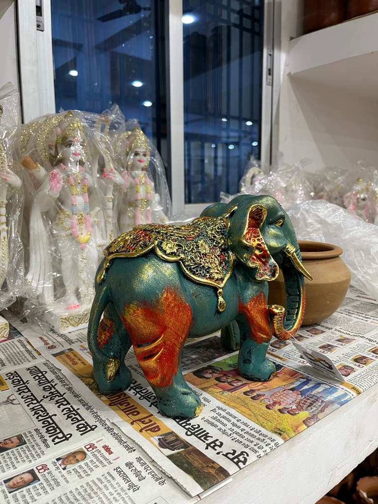 Elephant Statue | Decorative | Wood | Blue, Gold, Orange