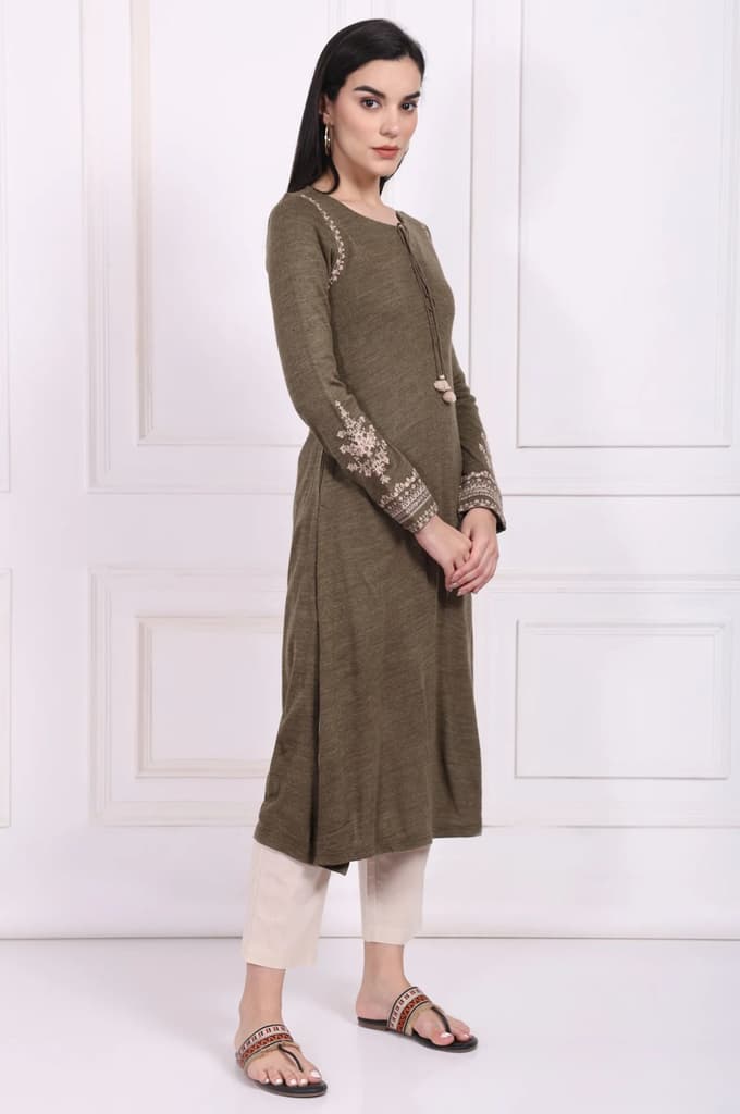 Olive Solid Embroidered Acrylic Straight Kurta — photo 6