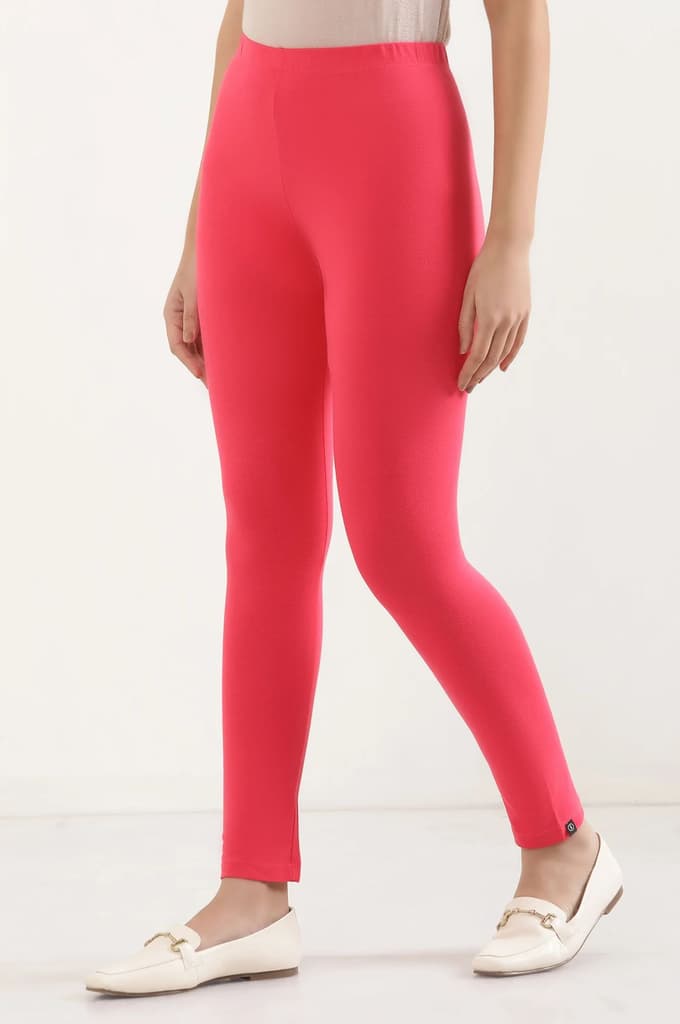 Pink Solid Skinny Fit Cotton Tights With Elasticated Waist — photo 2