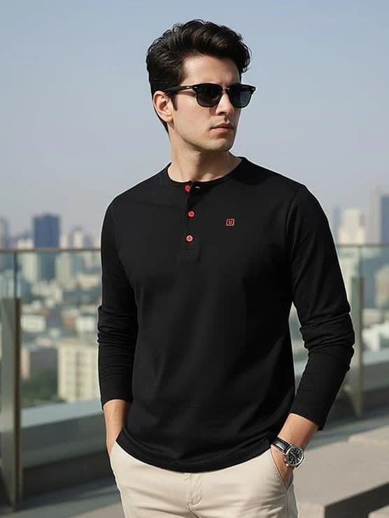 Men's Black Solid Henley Neck Slim Fit Cotton T-Shirt — S / Black