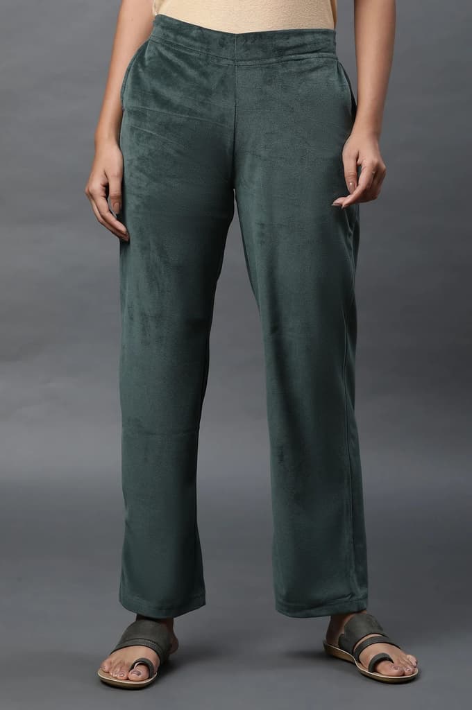 Green Solid Straight Fit Velvet Pants With Elasticated Waist