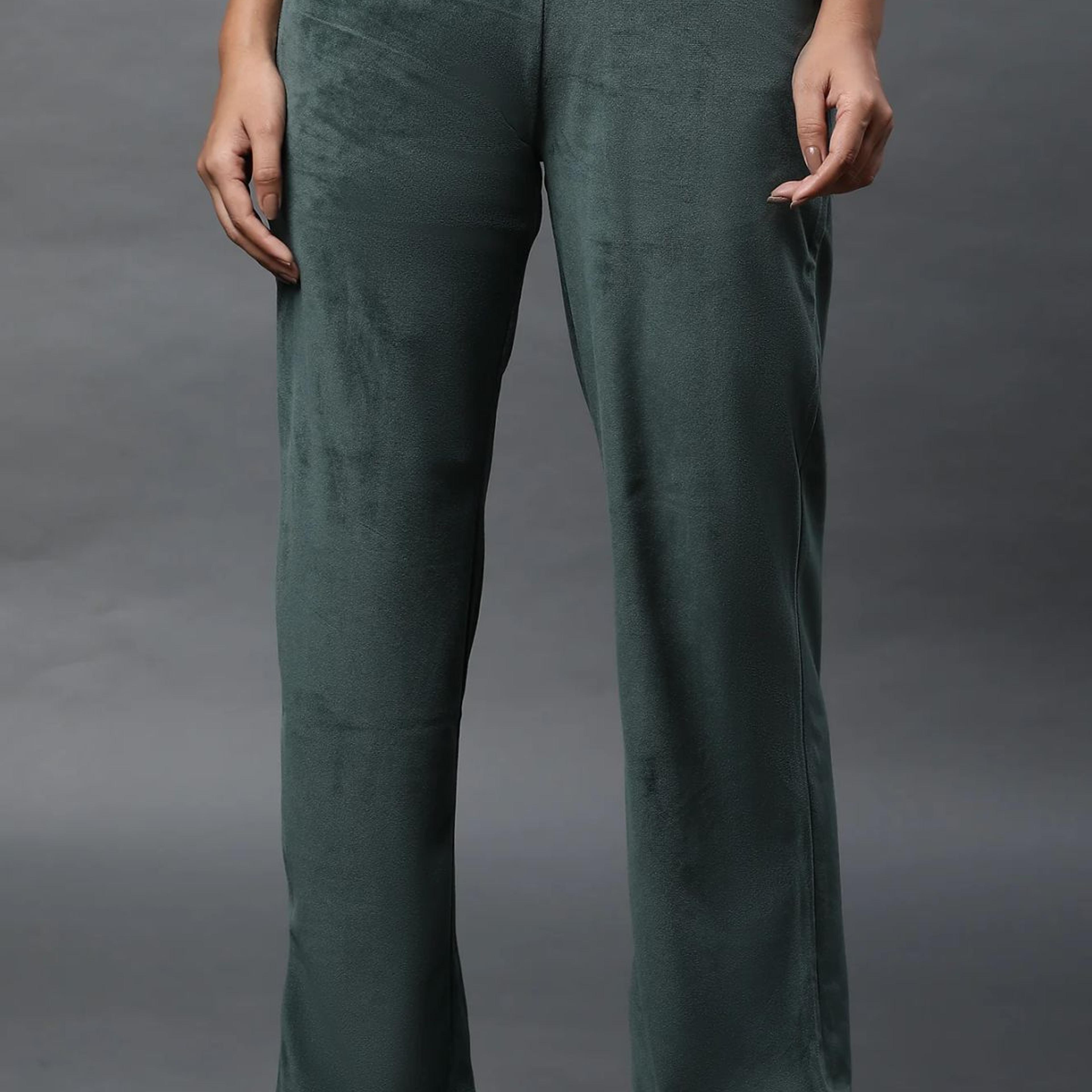 Green Solid Straight Fit Velvet Pants With Elasticated Waist