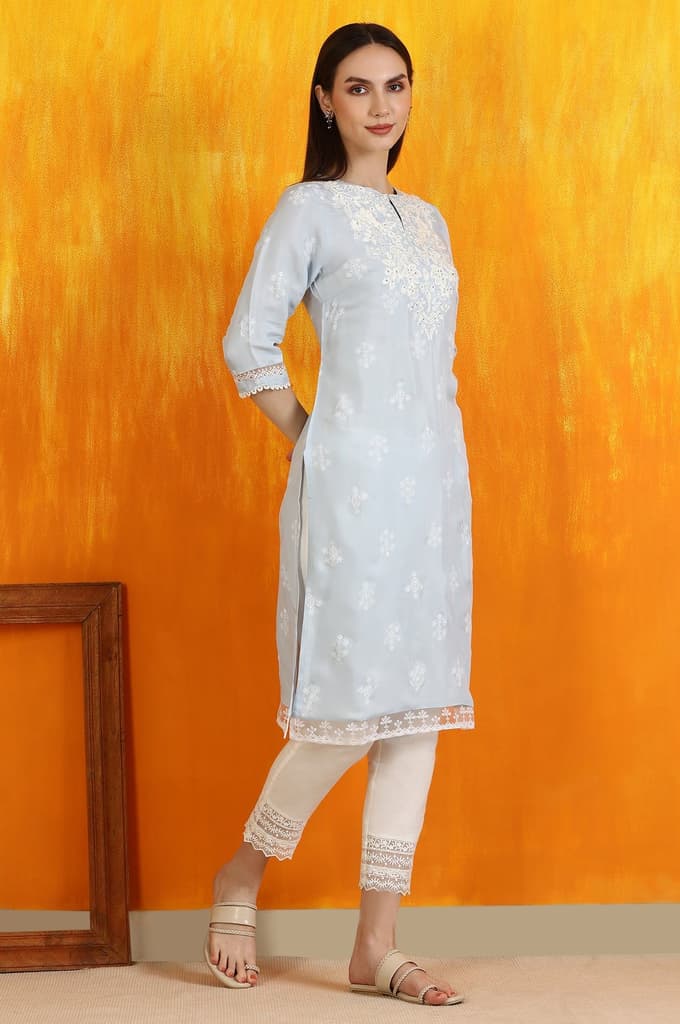 Powder Blue Embroidered Dull Shantung Straight Kurta — photo 7