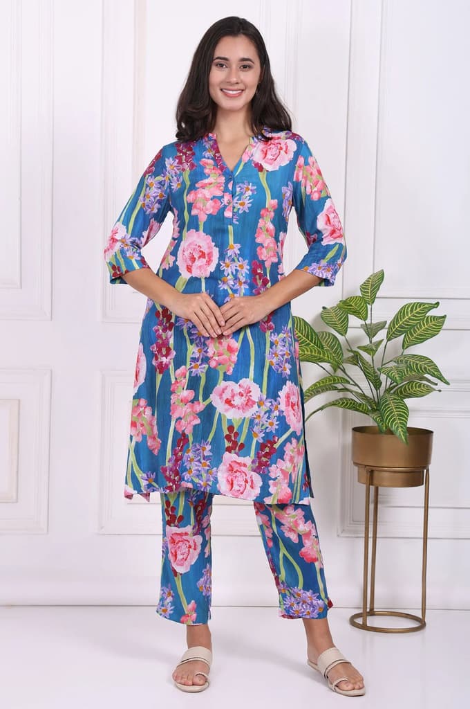 Blue Floral Printed Modal Straight Kurta — photo 2