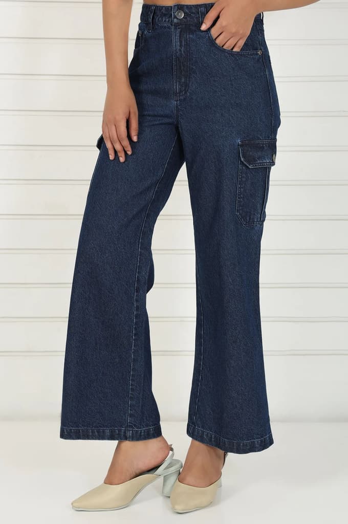 Blue Denim Mid Rise Ankle Length Flared Pants with YKK Zipper — photo 3