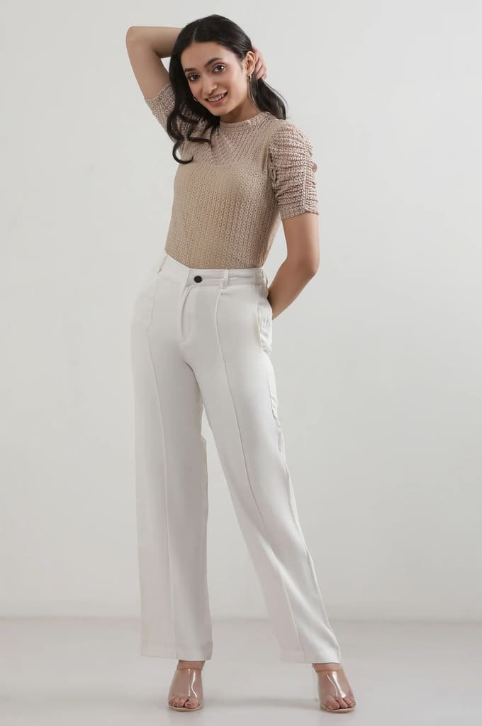 White Solid Straight Fit Rayon Pants